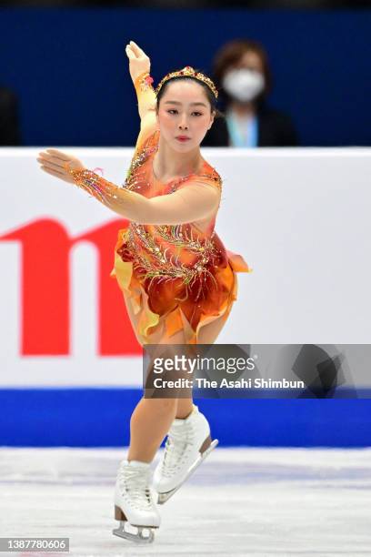 Wakaba Higuchi of Japan competes in the Women Single Free Skating on day three of the ISU World Figure Skating Championships at Sud de France Arena...