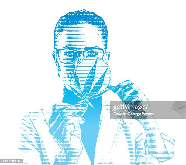 illustrazioni stock, clip art, cartoni animati e icone di tendenza di tecnico di laboratorio donna che analizza la foglia di canapa - olio ed essenze