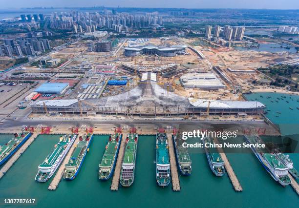 Aerial view of the construction site of a passenger transportation station at the Xinhai Port on March 25, 2022 in Haikou, Hainan Province of China.