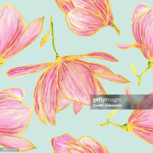 handgezeichnetes nahtloses muster mit goldenen und rosa magnolienblüten. öl, acrylmalerei blumenmuster. gestaltungselement für grußkarten und hochzeits-, geburtstags- und andere urlaubs- und einladungskarten. - blütenblatt stock-grafiken, -clipart, -cartoons und -symbole