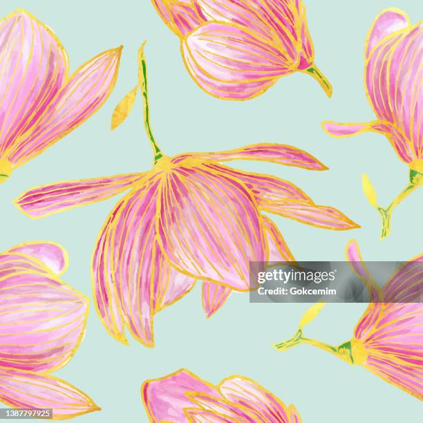 hand drawn seamless pattern with gold and pink magnolia flowers.  oil, acrylic painting floral pattern. design element for greeting cards and wedding, birthday and other holiday and invitation cards. - florals stock illustrations