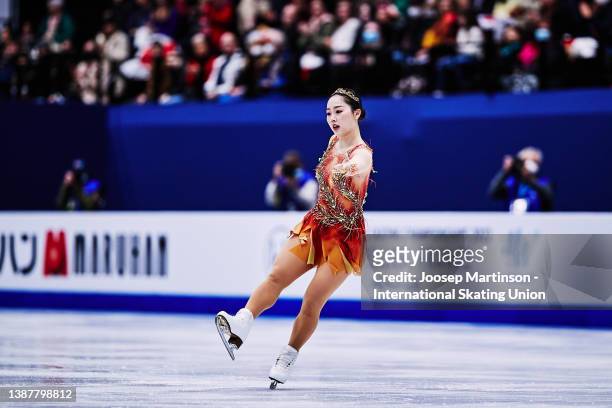 Wakaba Higuchi of Japan competes in the Ladies Free Skating during day 3 of the ISU World Figure Skating Championships at Sud de France Arena on...