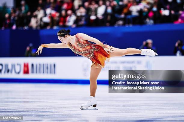 Wakaba Higuchi of Japan competes in the Ladies Free Skating during day 3 of the ISU World Figure Skating Championships at Sud de France Arena on...