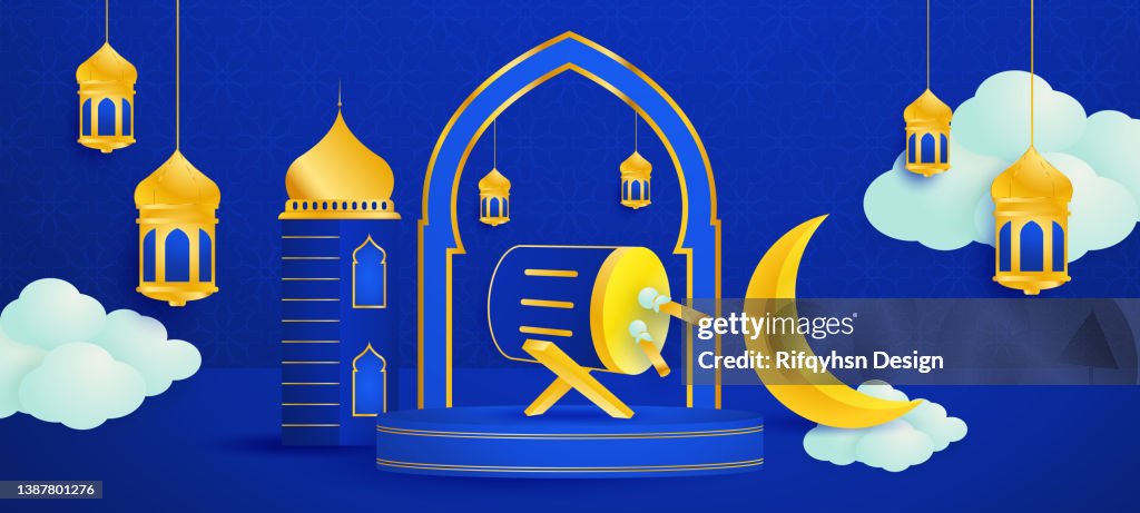 Luxury islamic greeting card ramadan kareem design on blue and gold background with islamic elements decoration