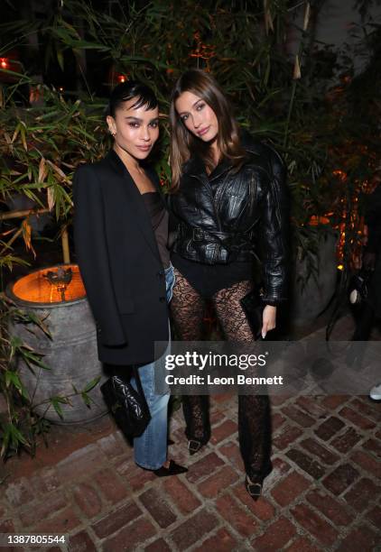 Zoë Kravitz and Hailey Bieber attend the CAA pre-Oscar party at San Vicente Bungalows on March 25, 2022 in West Hollywood, California.