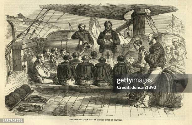 ilustraciones, imágenes clip art, dibujos animados e iconos de stock de tripulación de un cañonero de la marina real en el río cantón en oraciones, segunda guerra del opio, 1858, siglo 19 - opium