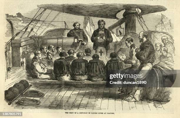 crew of a royal navy gun-boat in canton river at prayers, second opium war, 1858, 19th century - opium stock illustrations