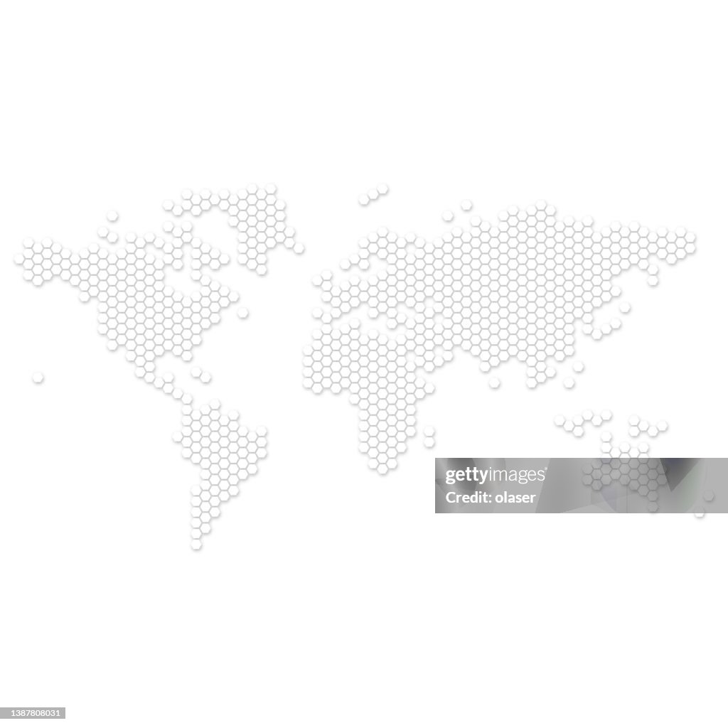 World map made of 3D hexagon tiles with shadow