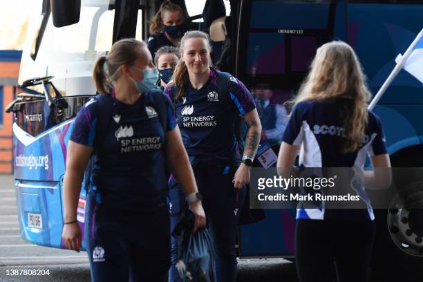 Jade Konkel of Scotland looks on as she arrives with teammates at the stadium prior to the TikTok Women's Six Nations match between Scotland and...