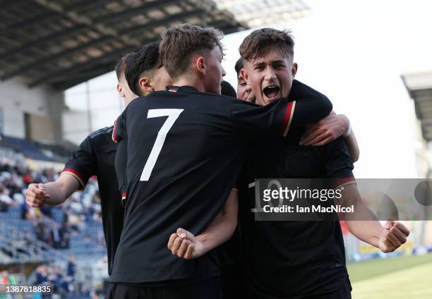 Tom Bischof of Germany celebrates scoring the opening goal during the UEFA Under17 European Championship Qualifier match between Germany U17 and...