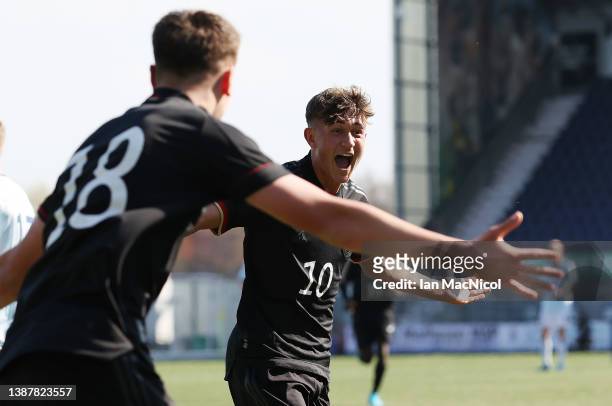 Tom Bischof of Germany celebrates after he scores his team's third goal during the UEFA Under17 European Championship Qualifier match between Germany...