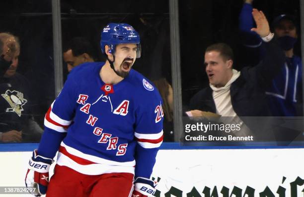 Chris Kreider of the New York Rangers celebrates a goal against the Pittsburgh Penguins at Madison Square Garden on March 25, 2022 in New York City....