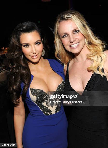 Personality Kim Kardashian and and Singer Britney Spears attend Clive Davis and the Recording Academy's 2012 Pre-GRAMMY Gala and Salute to Industry...