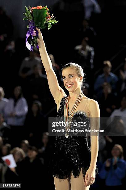 Ashley Wagner celebrates on the victory podium after winning the Ladies Competition during the ISU Four Continents Figure Skating Championships at...