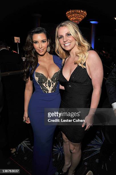 Personality Kim Kardashian and singer Brittany Spears attends Clive Davis and The Recording Academy's 2012 Pre-GRAMMY Gala and Salute to Industry...