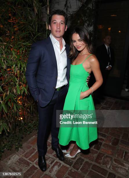 Miles Teller and Keleigh Sperry attend the CAA Pre-Oscar party at San Vicente Bungalows at San Vicente Bungalows on March 25, 2022 in West Hollywood,...
