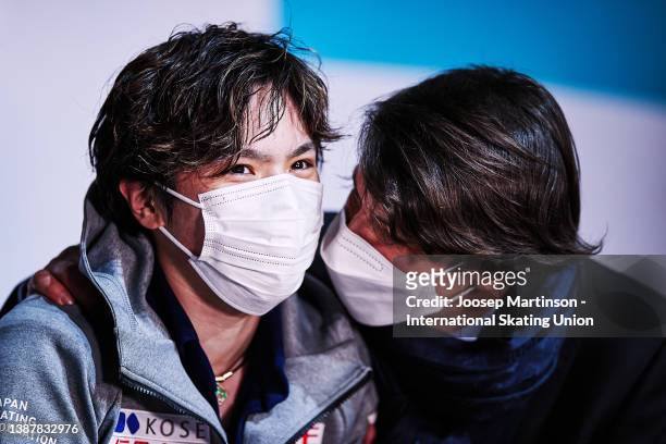 Shoma Uno of Japan reacts at the kiss and cry in the Men's Free Skating during day 4 of the ISU World Figure Skating Championships at Sud de France...