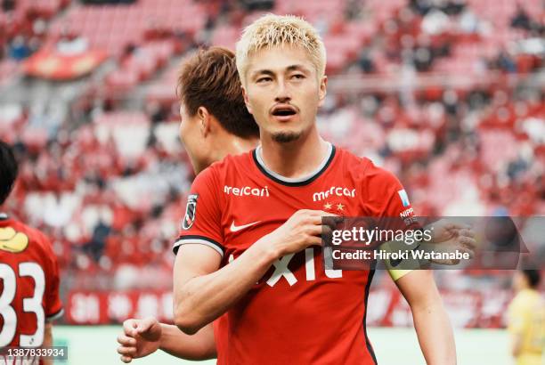 Yuma Suzuki of Kashima Antlers celebrate scoring his team's scond goal during the J.LEAGUE YBC Levain Cup Group A match between Kashima Antlers and...