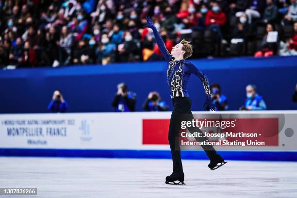Ilia Malinin of the United States competes in the Men's Free Skating during day 4 of the ISU World Figure Skating Championships at Sud de France...