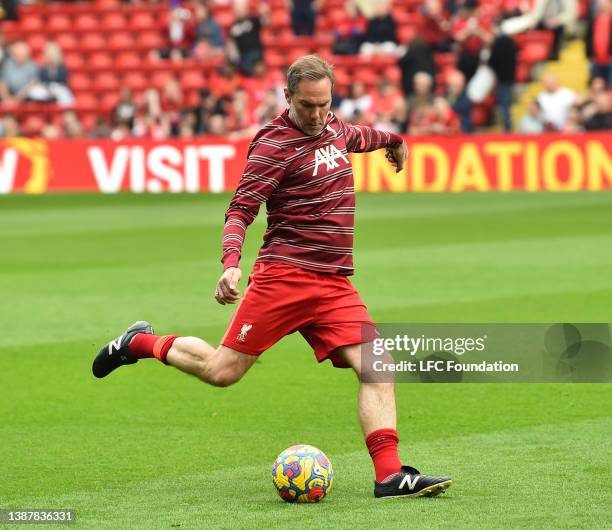 Jason McAteer during the LFC Foundation Charity match between Liverpool Legends and Barcelona Legends at Anfield on March 26, 2022 in Liverpool,...