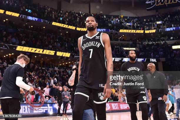 Kevin Durant of the Brooklyn Nets walks off the court after the game against the Memphis Grizzlies at FedExForum on March 23, 2022 in Memphis,...
