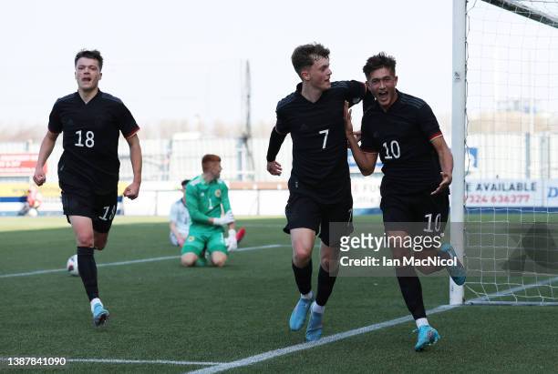 Tom Bischof of Germany celebrates scoring the opening goal during the UEFA Under17 European Championship Qualifier match between Germany U17 and...