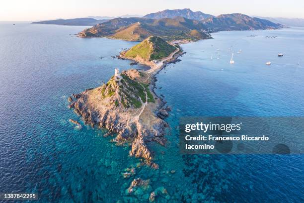 iles sanguinaires,  south west of corsica island, tower and lighthouse. aerial view. - cap corse stock-fotos und bilder