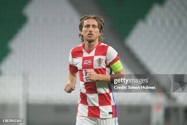 Luka Modric of Croatia reacts during the international friendly match between Croatia and Slovenia at Education City Stadium on March 26, 2022 in...