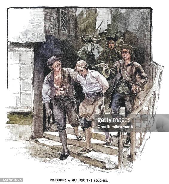old engraved illustration of kidnapping a man for the colonies - abolitionism anti slavery movement stock pictures, royalty-free photos & images