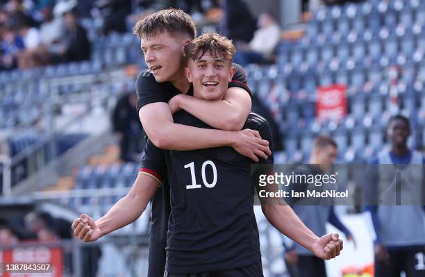 Tom Bischof of Germany celebrates after he scores his team's third goal during the UEFA Under17 European Championship Qualifier match between Germany...