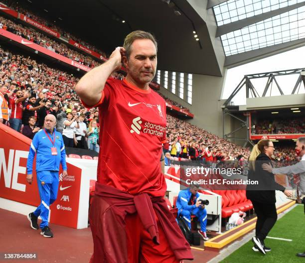 Jason McAteer during the LFC Foundation Charity match between Liverpool Legends and Barcelona Legends at Anfield on March 26, 2022 in Liverpool,...