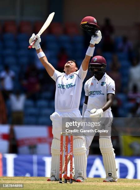 Joshua Da Silva of the West Indies celebrates with Jayden Seales after reaching his centuryduring day three of the 3rd Test match between the West...