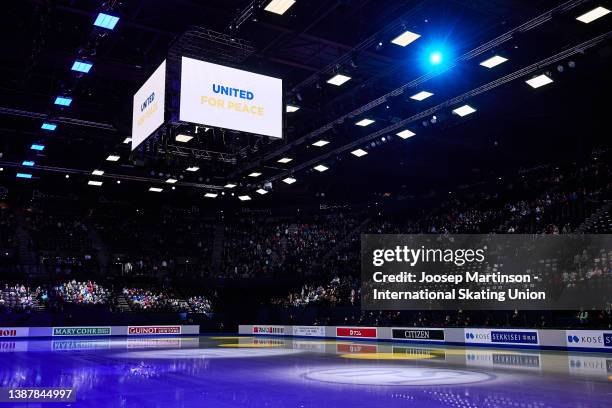 United for Peace" is shown on the screen showing support to Ukraine during day 4 of the ISU World Figure Skating Championships at Sud de France Arena...