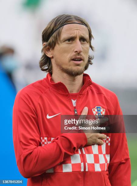 Luka Modric of Croatia sings the national anthem before the international friendly match between Croatia and Slovenia at Education City Stadium on...