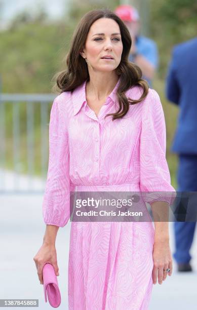 Catherine, Duchess of Cambridge during a visit to Daystar Evangelical Church on March 26, 2022 in Great Abaco, Bahamas. Abaco was dramatically hit by...