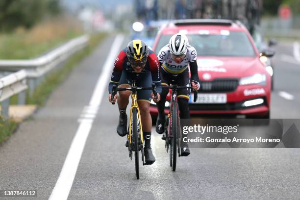 Richard Carapaz of Ecuador and Team INEOS Grenadiers and Sergio Andres Higuita Garcia of Colombia and Team Bora - Hansgrohe compete in the breakaway...