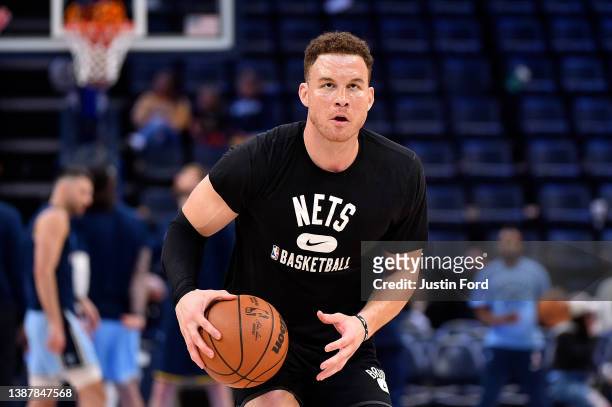 Blake Griffin of the Brooklyn Nets warms up before the game against the Memphis Grizzlies at FedExForum on March 23, 2022 in Memphis, Tennessee. NOTE...