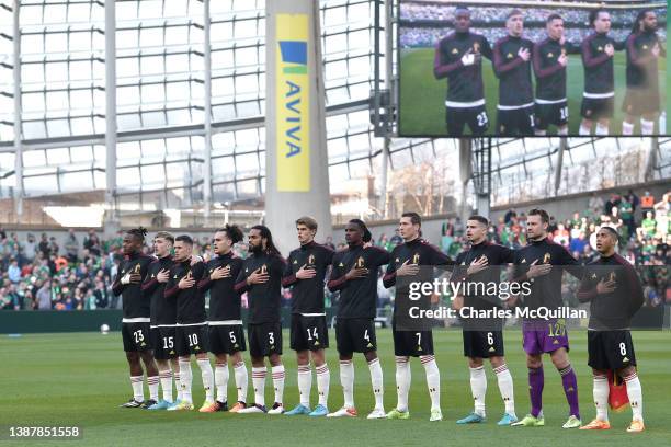 Belgium players sing the national anthem prior to the International Friendly match between Republic of Ireland and Belgium at Aviva Stadium on March...