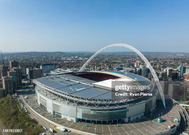 An aerial view of Wembley Stadium prior to the international friendly match between England and Switzerland at Wembley Stadium on March 26, 2022 in...