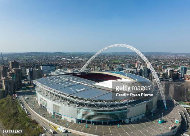 An aerial view of Wembley Stadium prior to the international friendly match between England and Switzerland at Wembley Stadium on March 26, 2022 in...