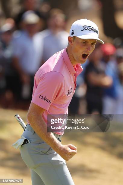 Will Zalatoris of the United States celebrates a birdie putt on the 18th green in his Round of 16 match against Kevin Na of the United States on the...
