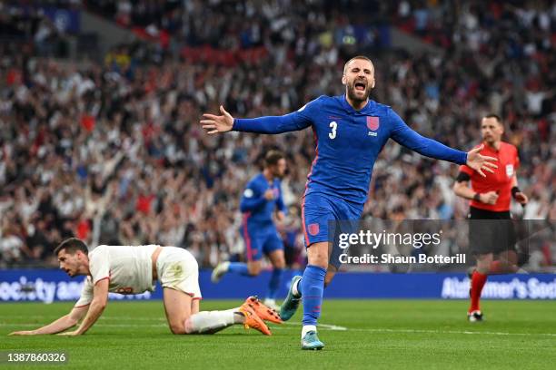 Luke Shaw of England celebrates after scoring their team's first goal during the International Friendly match between England and Switzerland at...