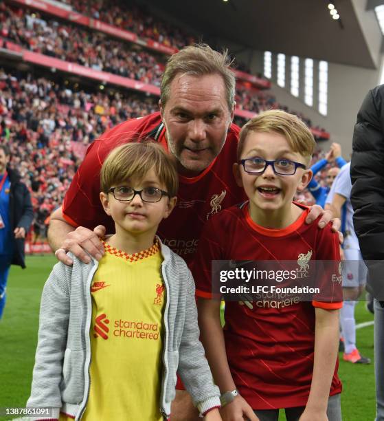 Jason mcateer at the end of the LFC Foundation Charity match between Liverpool Legends and Barcelona Legends at Anfield on March 26, 2022 in...