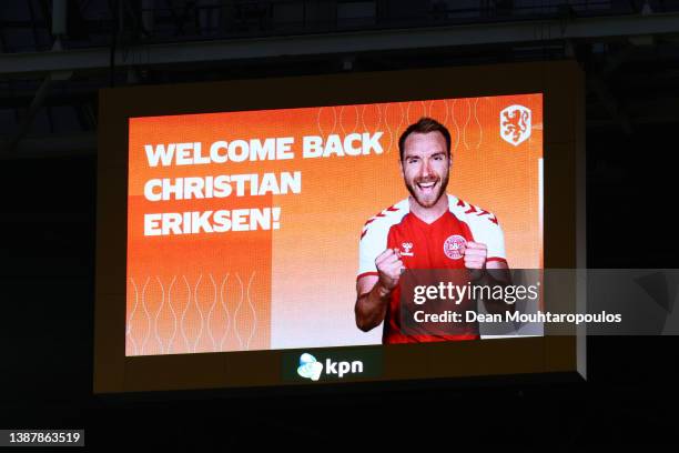 The LED board shows a message of support for Christian Eriksen prior to the International Friendly match between Netherlands and Denmark at Johan...