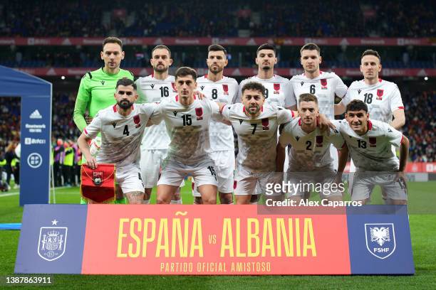 Albania players pose for a team photo prior to the International Friendly match between Spain and Albania at RCDE Stadium on March 26, 2022 in...