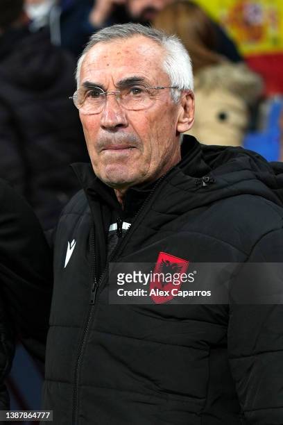 Edoardo Reja, Head Coach of Albania looks on prior to the International Friendly match between Spain and Albania at RCDE Stadium on March 26, 2022 in...