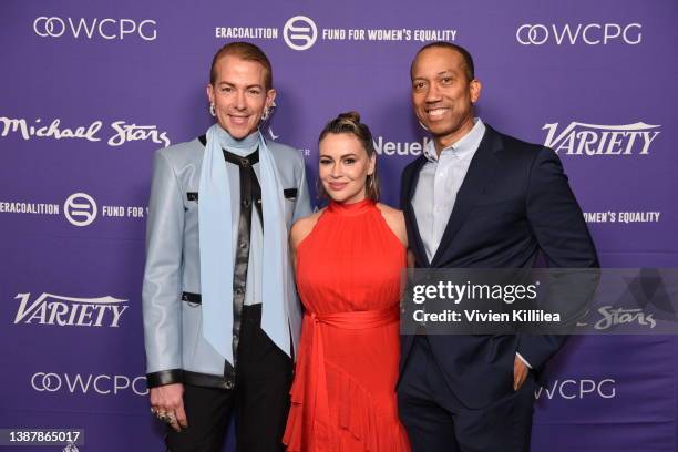 Derek Warburton, Alyssa Milano and Kermit Jones attend No Time Limits On Equality on March 25, 2022 in Hollywood, California.