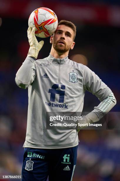 Unai Simon of Spain warms up prior to the international friendly match between Spain and Albania at RCDE Stadium on March 26, 2022 in Barcelona,...