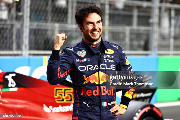 Pole position qualifier Sergio Perez of Mexico and Oracle Red Bull Racing celebrates in parc ferme during qualifying ahead of the F1 Grand Prix of...