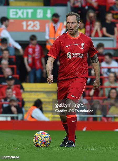 Jason McAteer during the LFC Foundation Charity Match between Liverpool Legends and Barcelona Legends at Anfield on March 26, 2022 in Liverpool,...